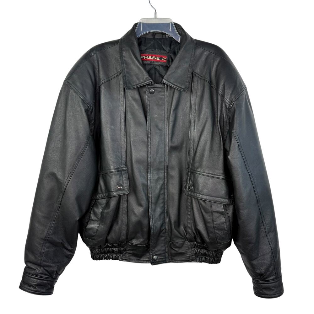 Phase 2 Black Leather Full Zip Collared Motorcycle Coat Jacket Men's L Vintage